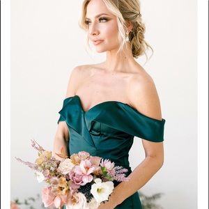 Revelry Bardot Satin Silver Sage- size 14 NWT